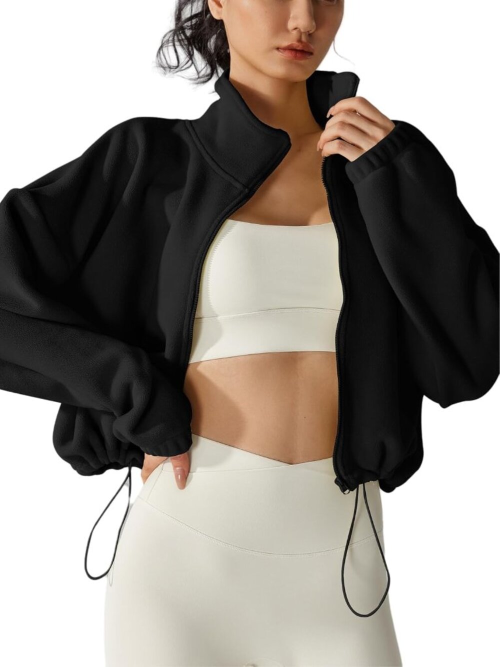 Women Black Oversized Drop Shoulders Full-zip Long Sleeve Cropped Fleece Jacket